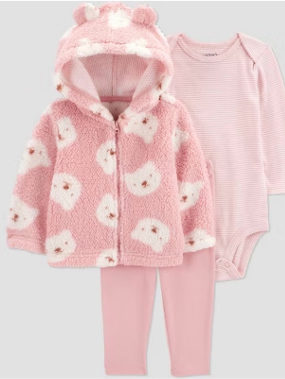 NWT Carters Just One You Pink Fuzzy Hooded Baby Jacket + Bodysuit & Leggings Set